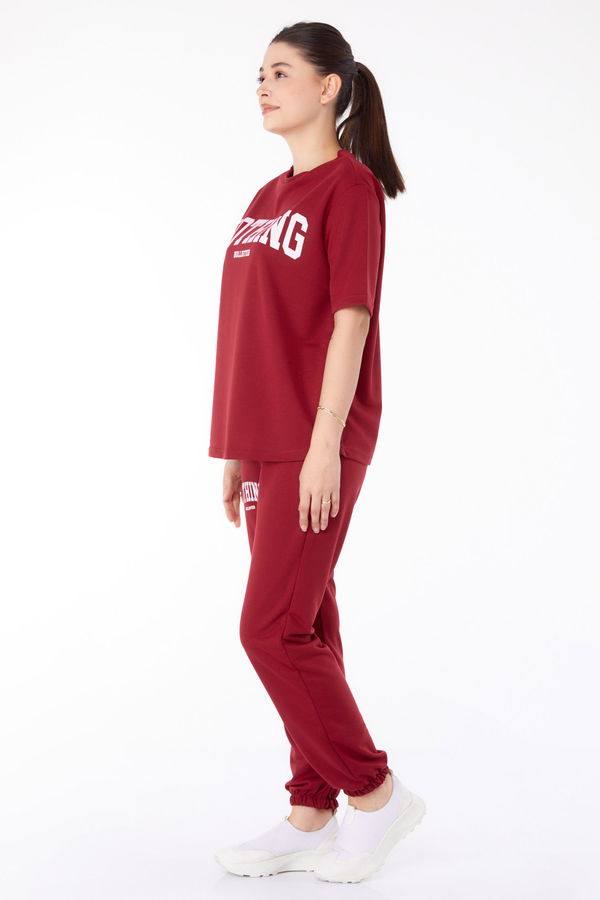 Düz Bisiklet Yaka Kadın Bordo T-shirt +Pantolon İkili Takım - 13199