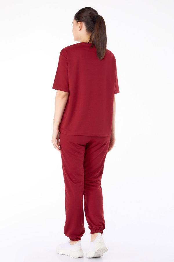 Düz Bisiklet Yaka Kadın Bordo T-shirt +Pantolon İkili Takım - 13199