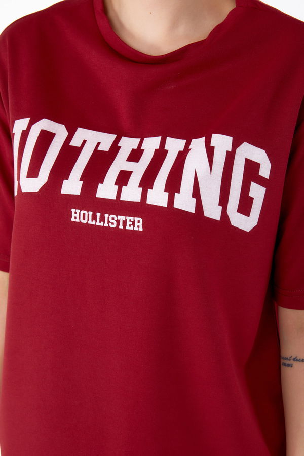 Düz Bisiklet Yaka Kadın Bordo T-shirt +Pantolon İkili Takım - 13199
