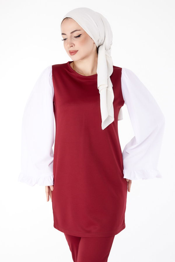 Düz Bisiklet Yaka Kadın Bordo Tunik Pantolon İkili Takım - 13198