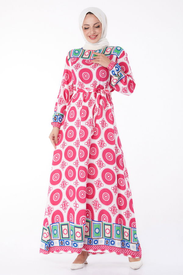 Etnik Desenli Elbise Fusya - 26228