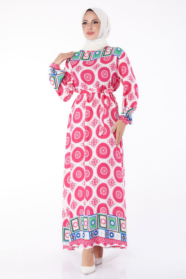 Etnik Desenli Elbise Fusya - 26228