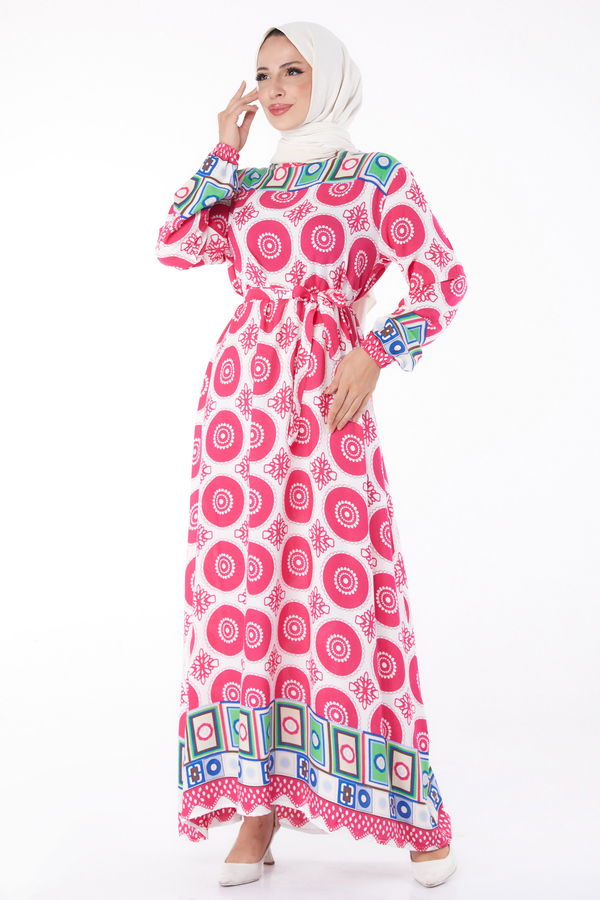 Etnik Desenli Elbise Fusya - 26228