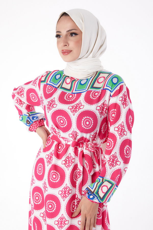Etnik Desenli Elbise Fusya - 26228