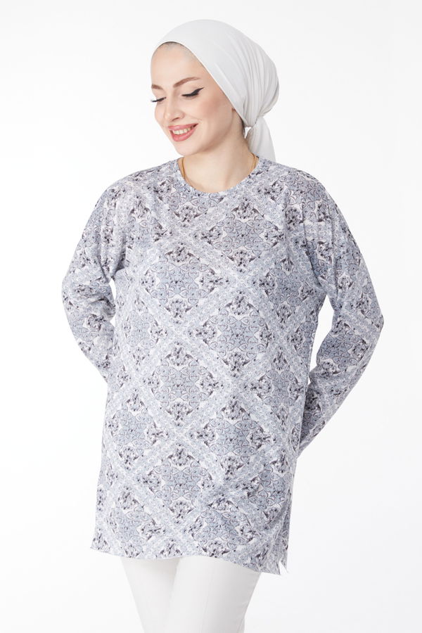 Desenli Bluz Gri - 24733