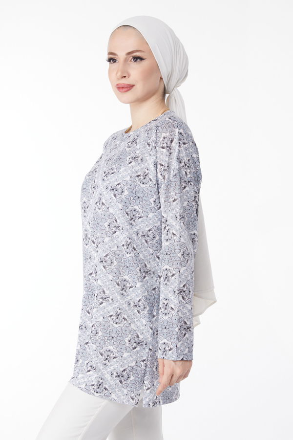 Desenli Bluz Gri - 24733