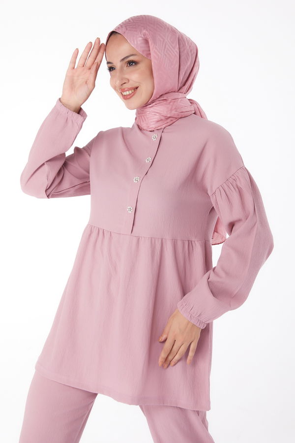 Düz Bisiklet Yaka Kadın Gül Tunik+Pantolon - 11629