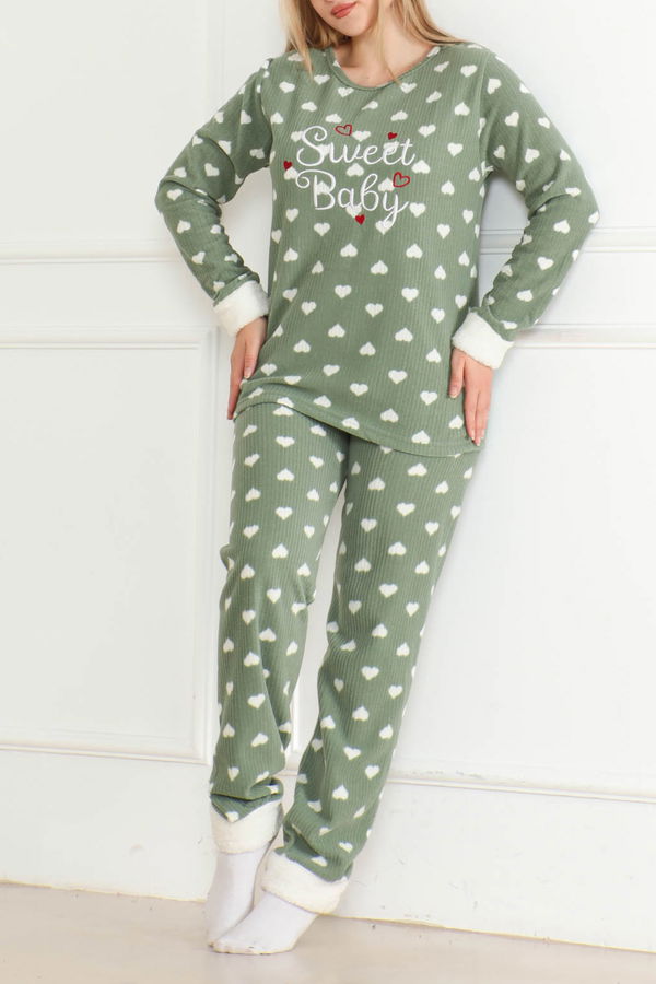Düz Bisiklet Yaka Kadın Haki Nakışlı Peluş Polar Pijama Takım - 26636