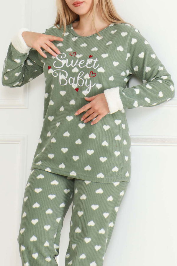 Düz Bisiklet Yaka Kadın Haki Nakışlı Peluş Polar Pijama Takım - 26636
