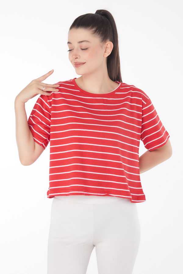 Çizgili Kısa Kollu Crop Kirmizi - 25842