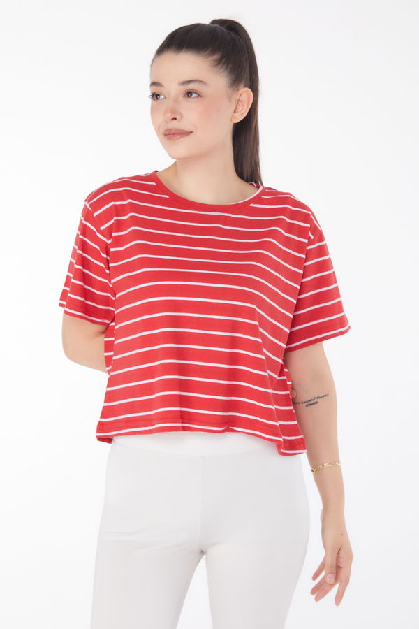 Çizgili Kısa Kollu Crop Kirmizi - 25842