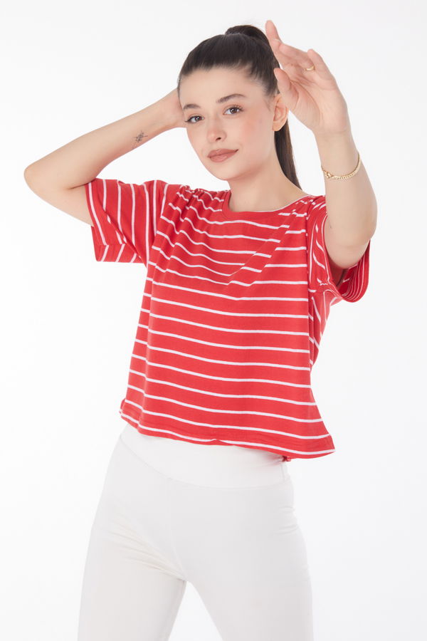 Çizgili Kısa Kollu Crop Kirmizi - 25842
