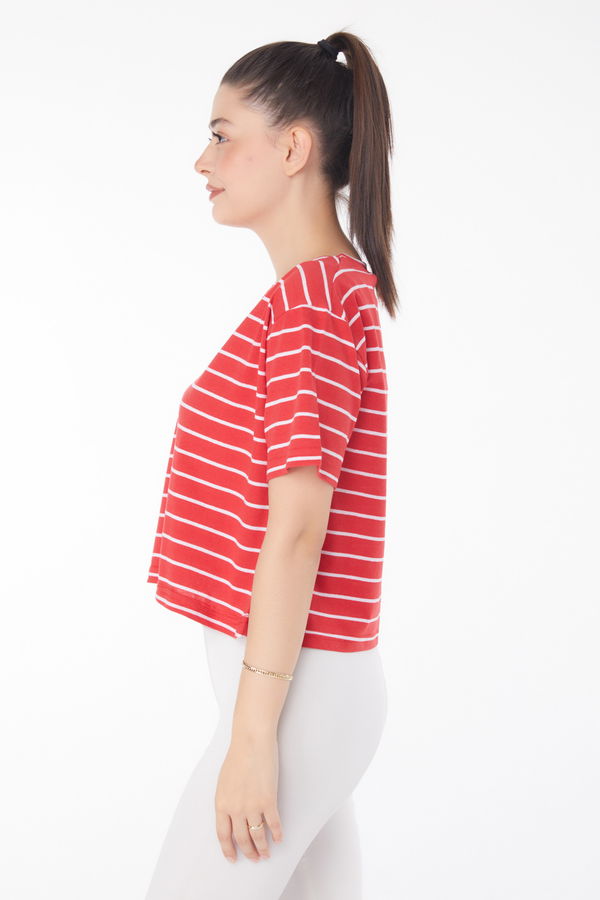 Çizgili Kısa Kollu Crop Kirmizi - 25842