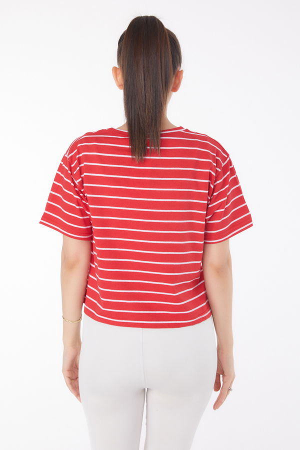 Çizgili Kısa Kollu Crop Kirmizi - 25842