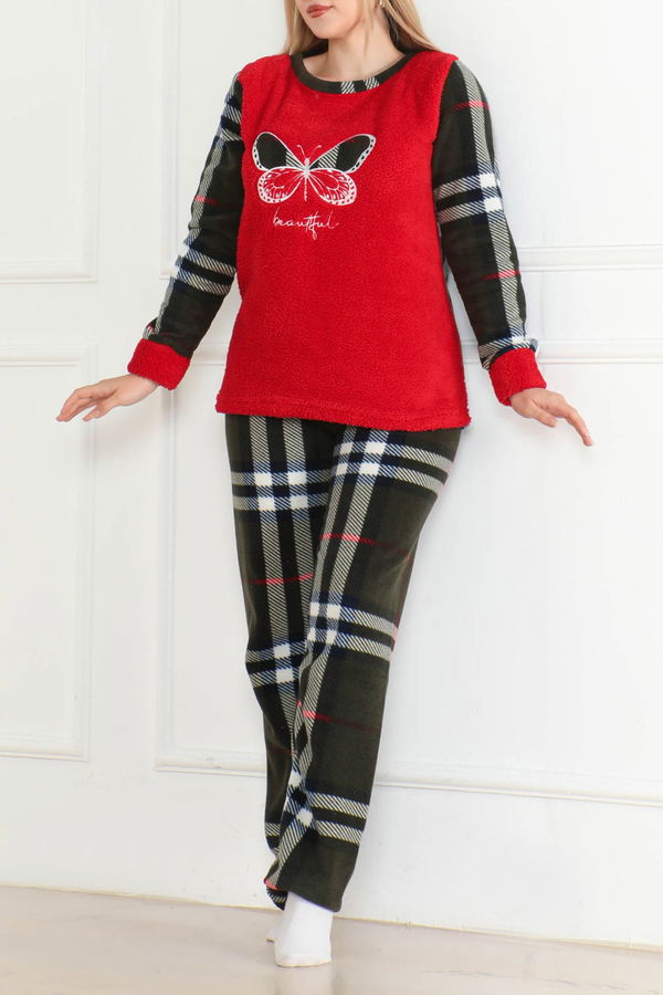 Nakışlı Peluş Polar Pijama Takım Kirmizi - 26631