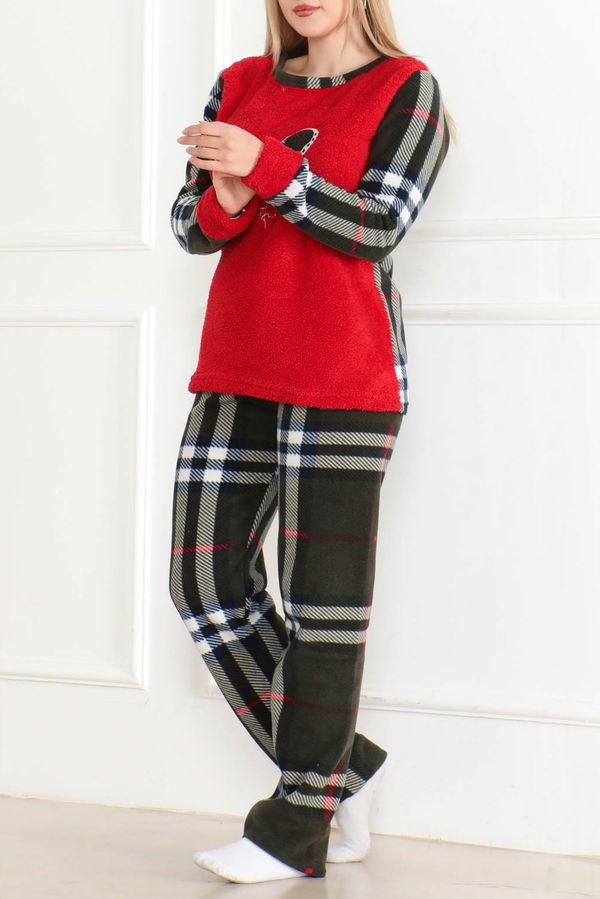 Nakışlı Peluş Polar Pijama Takım Kirmizi - 26631