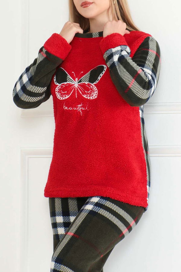 Nakışlı Peluş Polar Pijama Takım Kirmizi - 26631