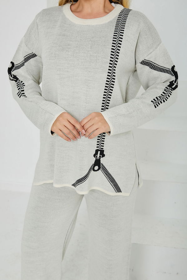 Desenli Triko Takım Krem - 26699