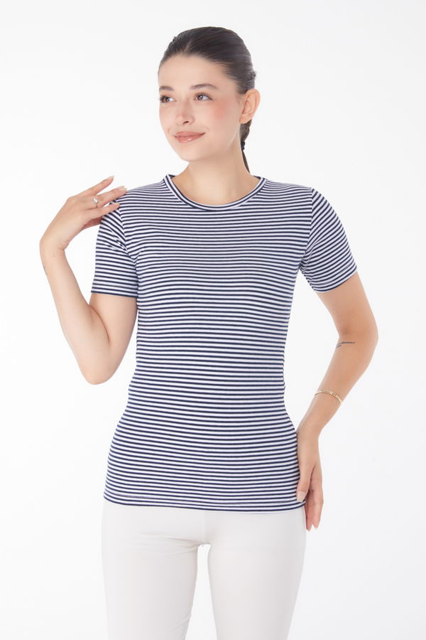 Çizgili Kısa Kollu T-shirt Lacivert - 25763