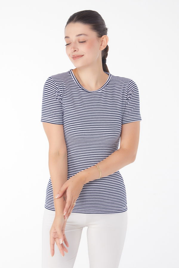 Çizgili Kısa Kollu T-shirt Lacivert - 25763