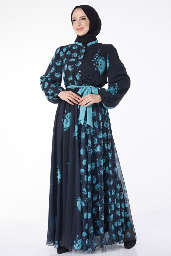 Kuşaklı Abiye Elbise Lacivert Mint - 25204