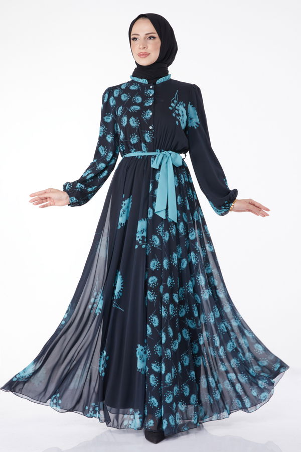Kuşaklı Abiye Elbise Lacivert Mint - 25204