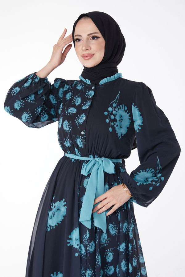 Kuşaklı Abiye Elbise Lacivert Mint - 25204