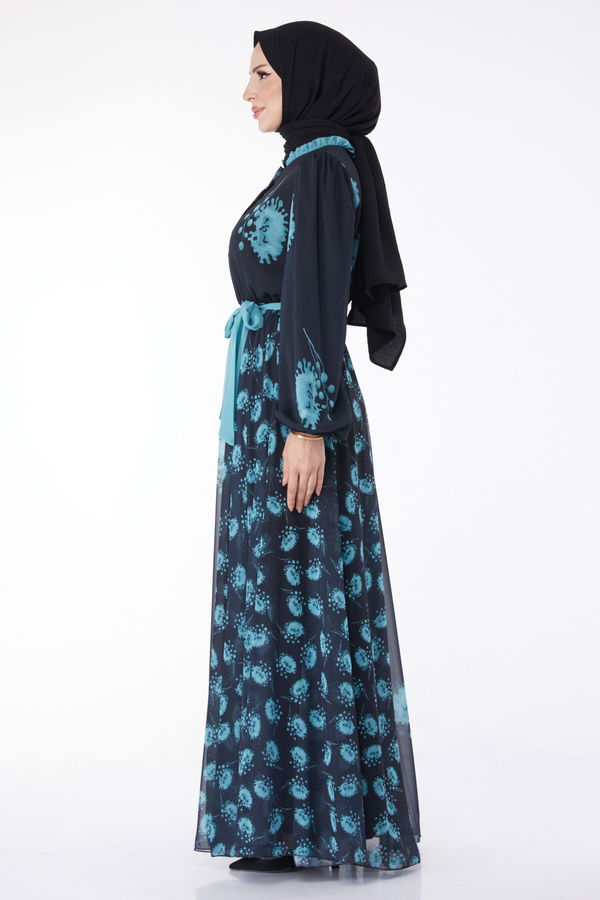 Kuşaklı Abiye Elbise Lacivert Mint - 25204