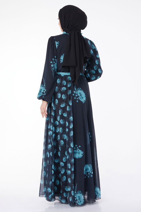 Kuşaklı Abiye Elbise Lacivert Mint - 25204