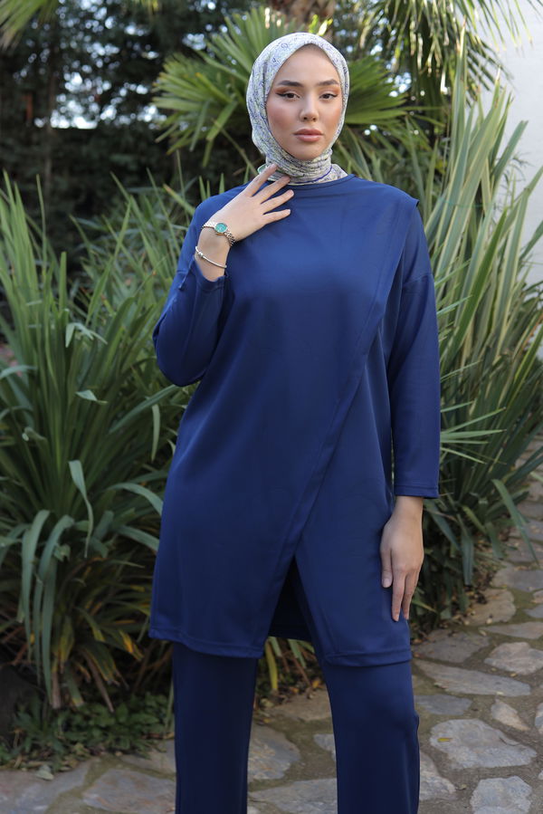 Düz Bisiklet Yaka Kadın Lacivert Spor Tunik Pantolon İkili Takım - 13154