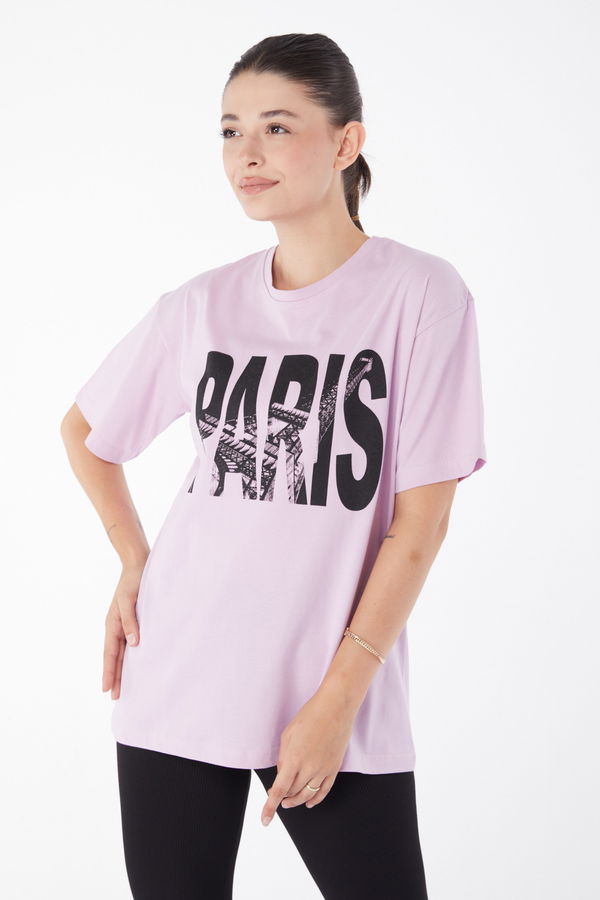 Kısa Kollu Baskılı T-shirt Lila - 25985