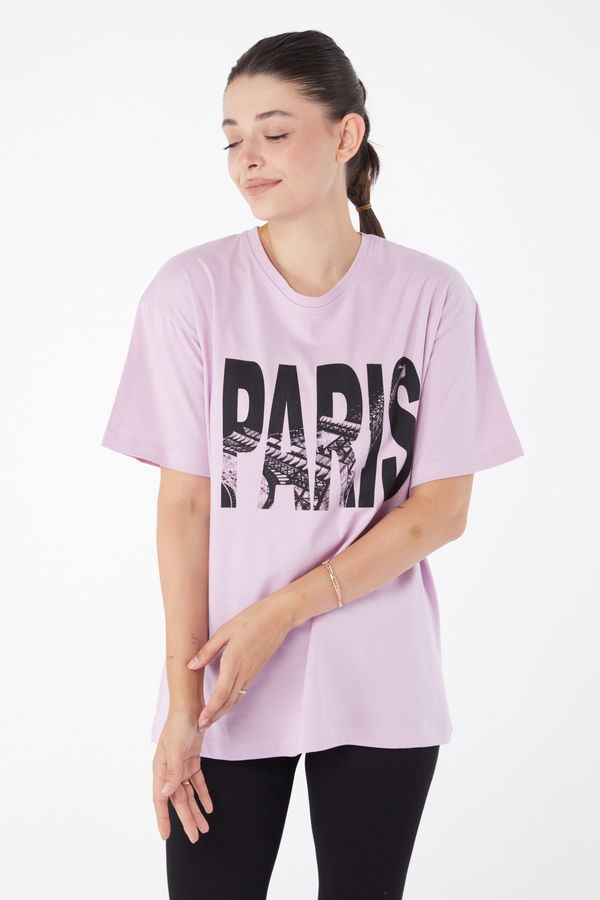 Kısa Kollu Baskılı T-shirt Lila - 25985