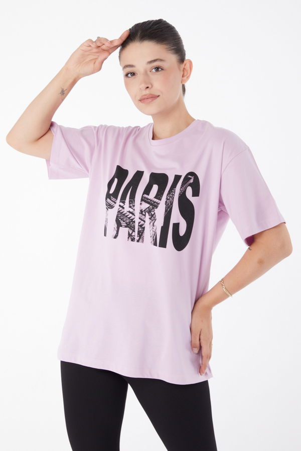 Kısa Kollu Baskılı T-shirt Lila - 25985