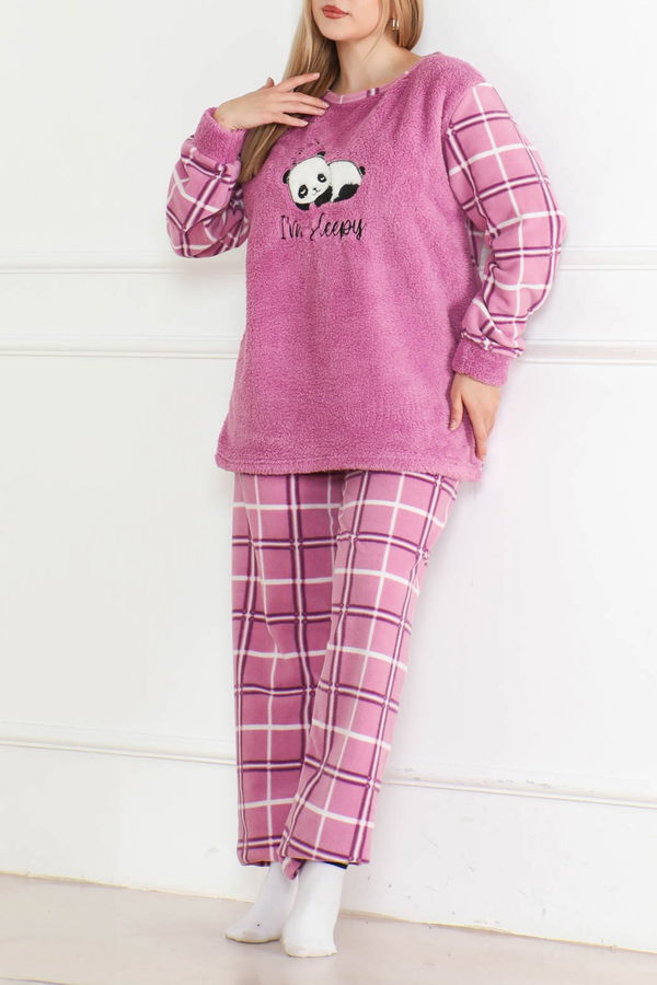 Nakışlı Peluş Polar Pijama Takım Lila - 26638