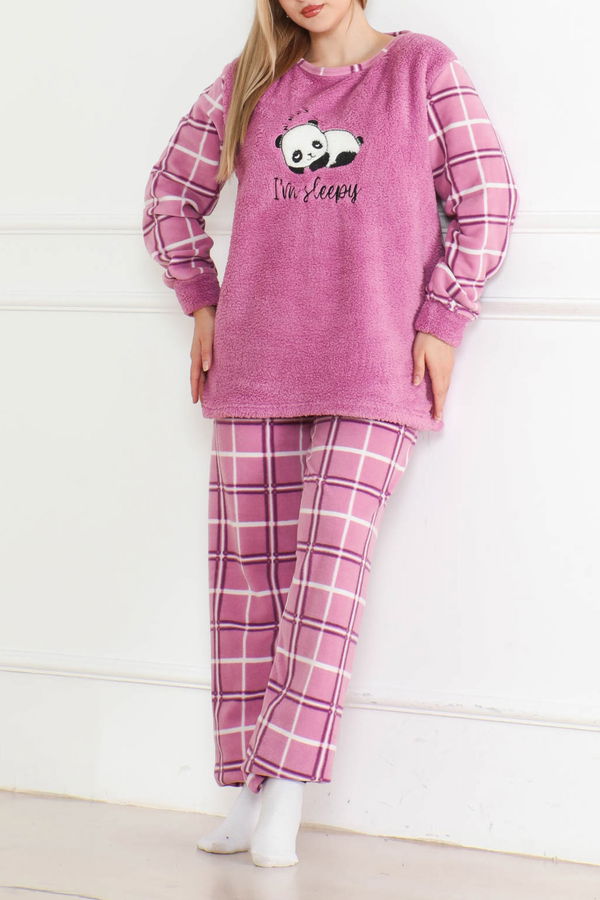 Nakışlı Peluş Polar Pijama Takım Lila - 26638