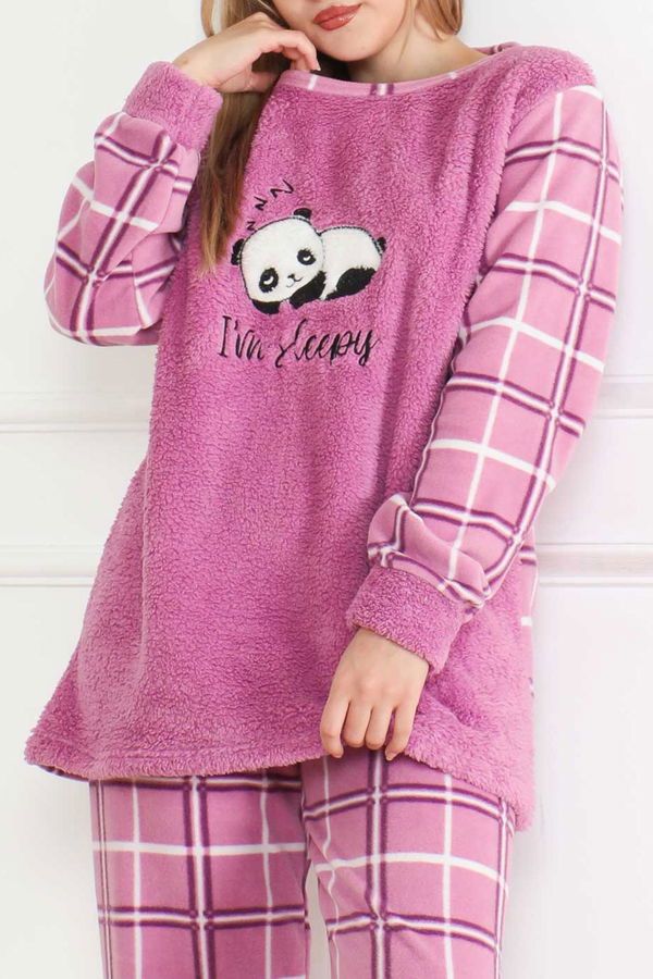 Nakışlı Peluş Polar Pijama Takım Lila - 26638