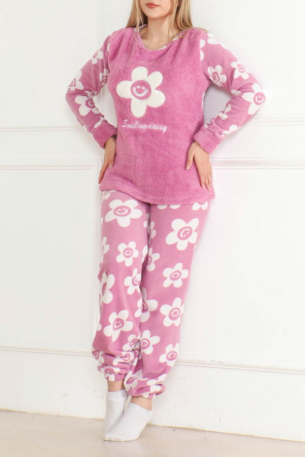 Nakışlı Peluş Polar Pijama Takım Lila - 26641