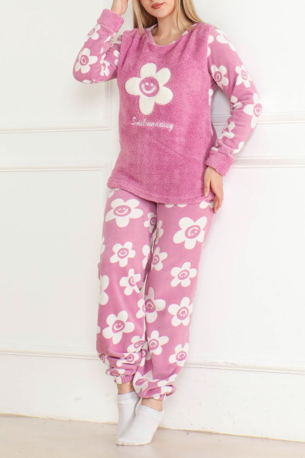 Nakışlı Peluş Polar Pijama Takım Lila - 26641