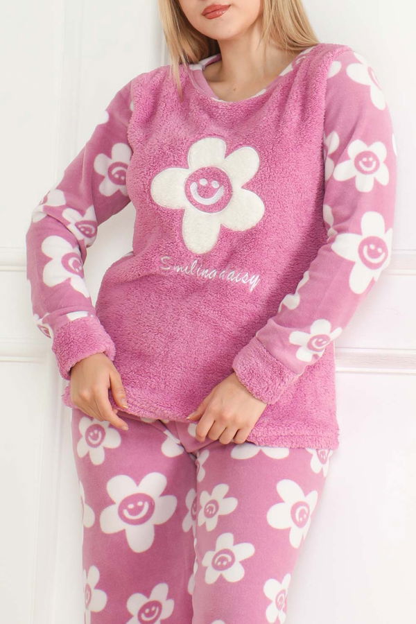 Nakışlı Peluş Polar Pijama Takım Lila - 26641