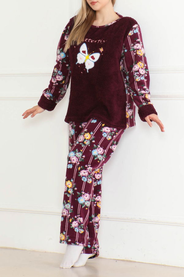 Nakışlı Peluş Polar Pijama Takım Mor - 26632