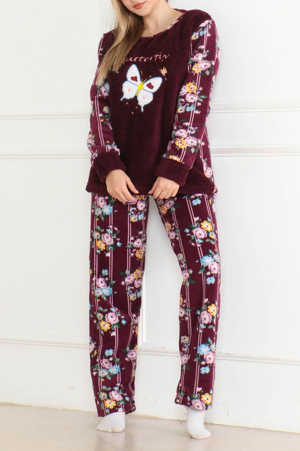 Nakışlı Peluş Polar Pijama Takım Mor - 26632