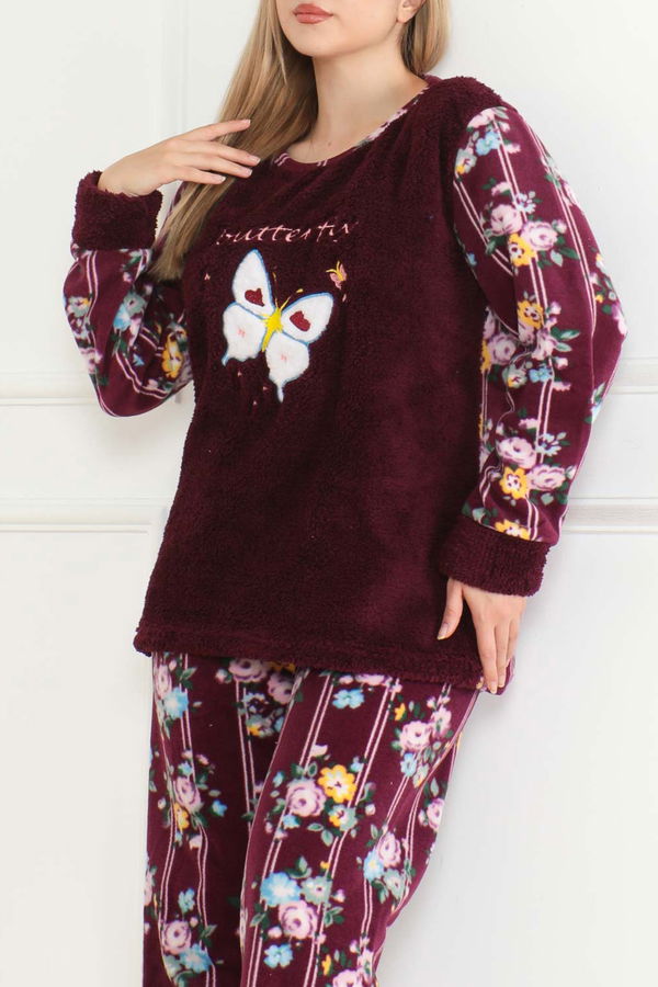 Nakışlı Peluş Polar Pijama Takım Mor - 26632