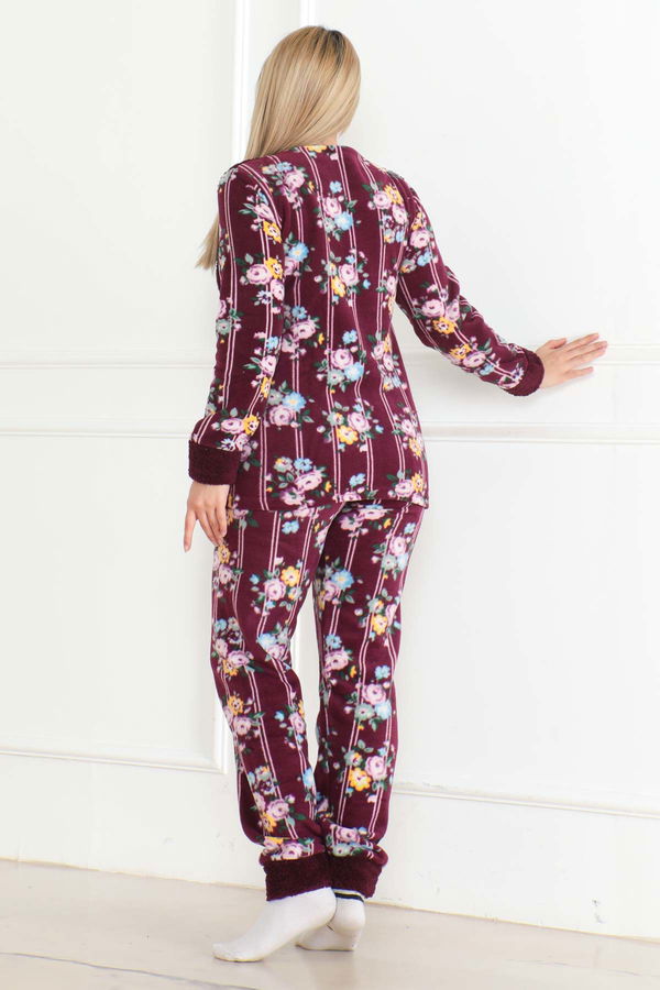 Düz Bisiklet Yaka Kadın Mor Nakışlı Peluş Polar Pijama Takım - 26633