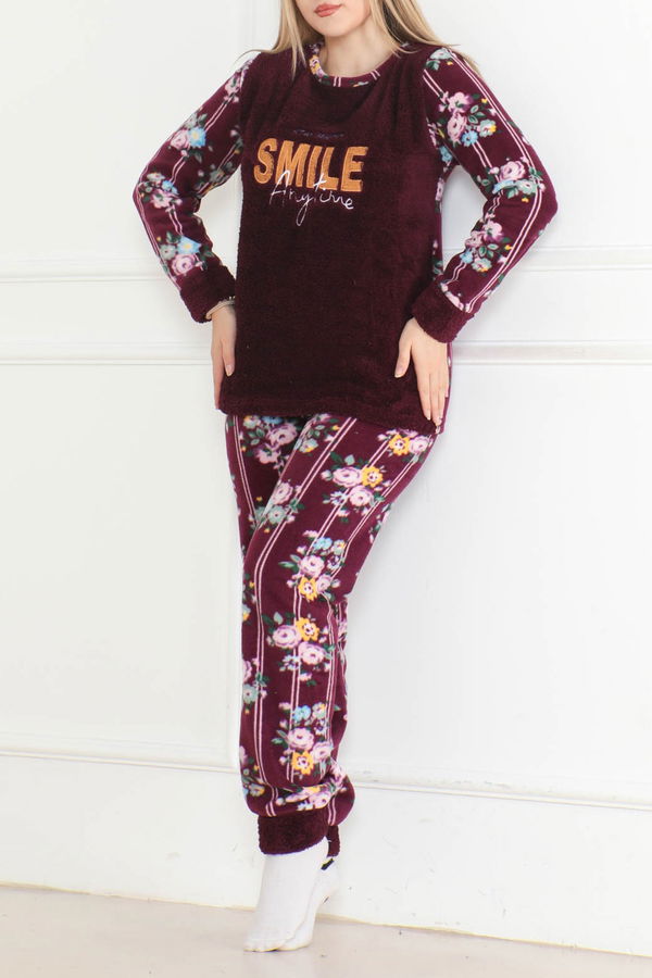 Düz Bisiklet Yaka Kadın Mor Nakışlı Peluş Polar Pijama Takım - 26633