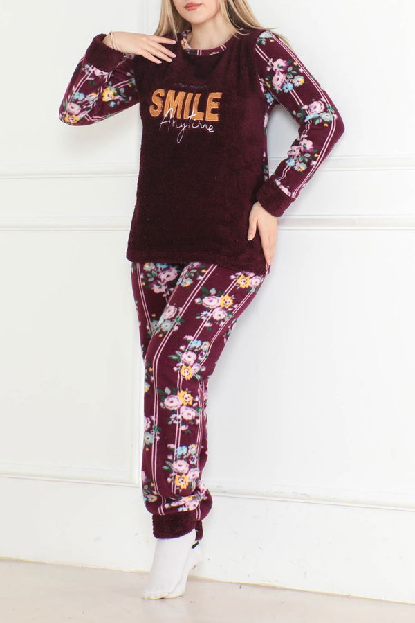 Düz Bisiklet Yaka Kadın Mor Nakışlı Peluş Polar Pijama Takım - 26633