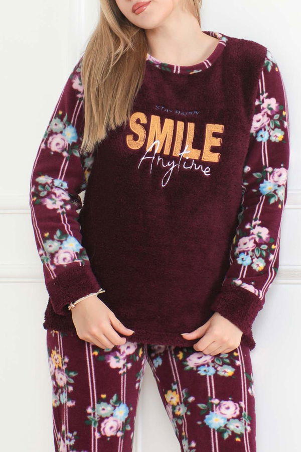 Düz Bisiklet Yaka Kadın Mor Nakışlı Peluş Polar Pijama Takım - 26633