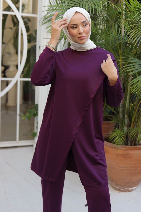 Düz Bisiklet Yaka Kadın Mor Spor Tunik Pantolon İkili Takım - 13154