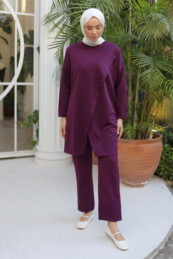 Düz Bisiklet Yaka Kadın Mor Spor Tunik Pantolon İkili Takım - 13154