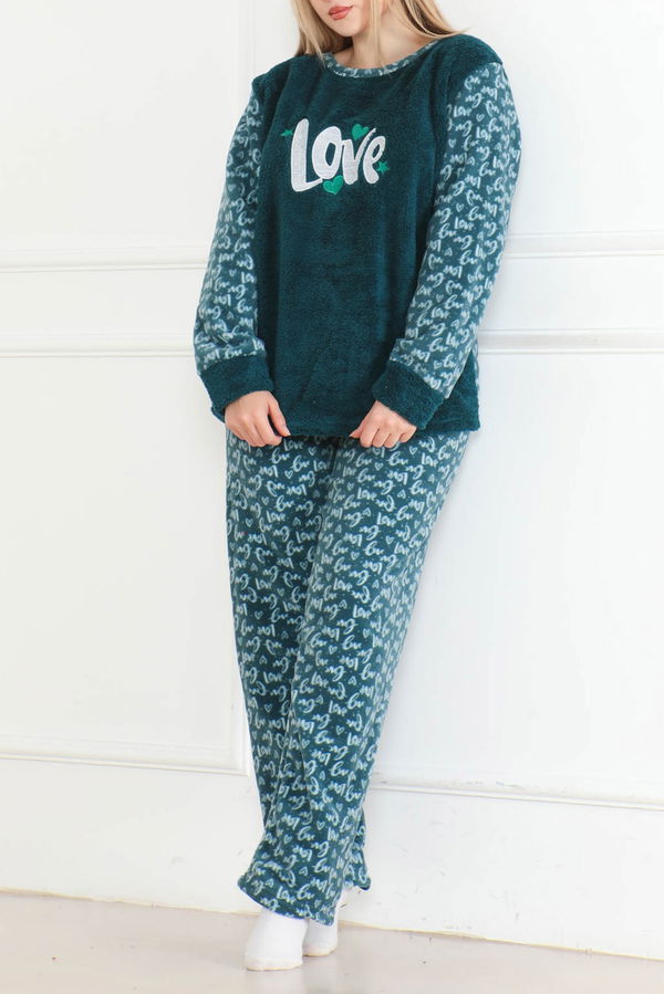 Düz Bisiklet Yaka Kadın Petrol Nakışlı Peluş Polar Pijama Takım - 26642