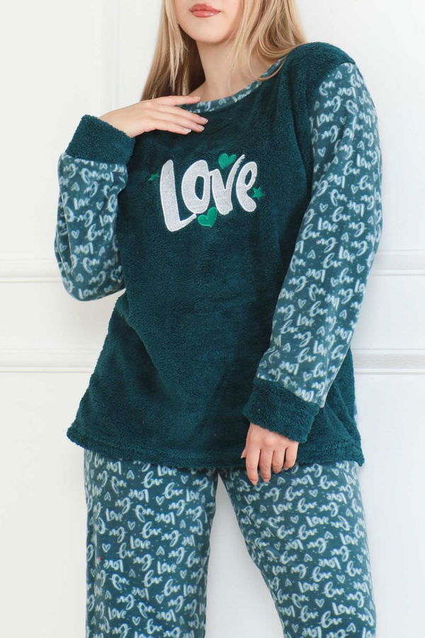 Düz Bisiklet Yaka Kadın Petrol Nakışlı Peluş Polar Pijama Takım - 26642